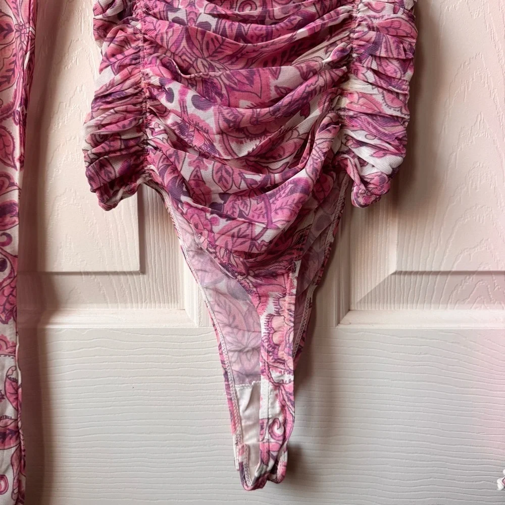 Free People X REVOLVE Under It All Bodysuit Ruched Long Sleeve Peony Combo XS